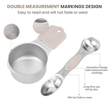 HOUJIP Magnetic Measuring Cups and Spoons Set-304 Stainless Steel,Khaki | Double Measurement Markings,BPA-Free,Set of 16 with Leveler for Measuring Dry and Liquid Ingredients - color: Khaki
