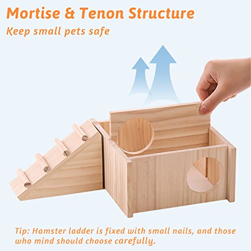 Fhiny Wooden Hamster Hideout for Small Animal, Gerbils Chamber Hut with Ladder Habitats Decor, Maze Climbing Toys for Dwarf Syrian Hamsters Mice and Other Small Pets - size: 2-Chamber with Ladder
