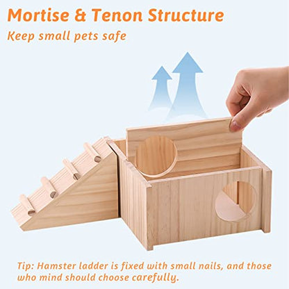Fhiny Wooden Hamster Hideout for Small Animal, Gerbils Chamber Hut with Ladder Habitats Decor, Maze Climbing Toys for Dwarf Syrian Hamsters Mice and Other Small Pets - size: 2-Chamber with Ladder