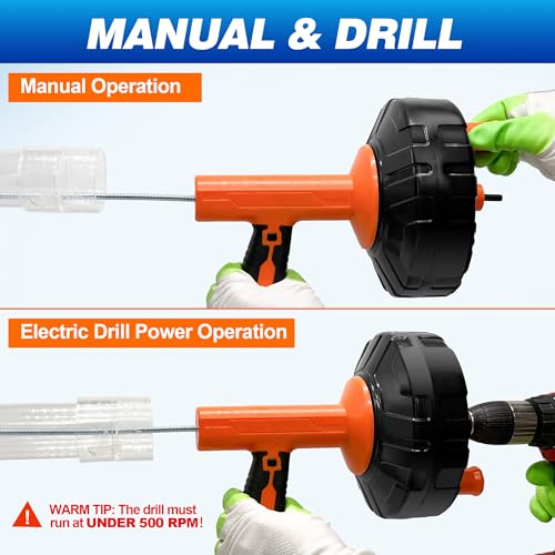 Drainsoon Auto Feed Drain Auger with Drill Adapter, 33 Feet Drain Snake Hair Clog Remover, Manual or Powered Plumbing Snake Drain Cleaner for Bathroom, Shower, Kitchen Sink, Comes with Gloves - color: Orange