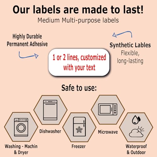 75 Personalized Waterproof Name Labels. Press and Stick Multi use Custom Name Labels. Customized 2 Lines of Text and Color. ID Identification Name Stickers with Permanent Self Adhesive. - color: 75 Medium Labels - White Background
