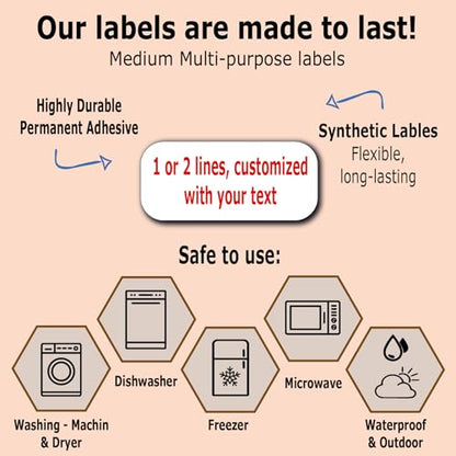75 Personalized Waterproof Name Labels. Press and Stick Multi use Custom Name Labels. Customized 2 Lines of Text and Color. ID Identification Name Stickers with Permanent Self Adhesive. - color: 75 Medium Labels - White Background