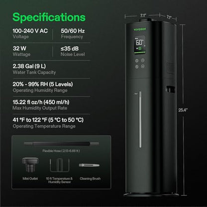 VIVOSUN AeroStream H09 Intelligent Wi-Fi Humidifier, 2.38 Gal / 9 L Humidifier with Temp & Humidity Probe, Smart Remote Control, Designed for Growers | VPD Control, Smart Auto Humidity Adjustment, 9L Large Capacity, Grow System Compatible, Designed for Gr