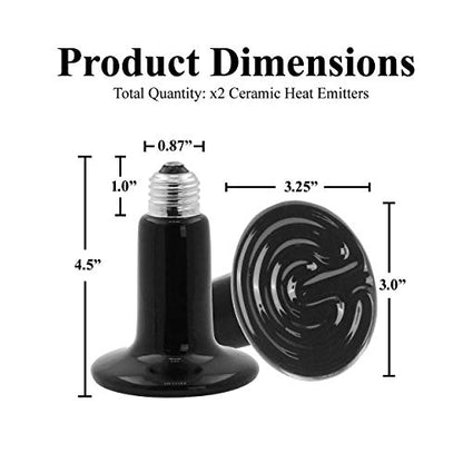 Mandala Crafts 2 Black 100W No Light Ceramic Heat Emitter Che Lamp Bulbs | E26 Socket, Safe Around Water, No Noise, Infrared, for Reptile, Bearded Dragon, Turtle, Lizard, Snake, Chicken Coop, Brooder - color: Black