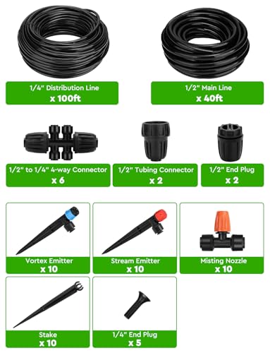 Drip Irrigation System, 40FT 1/2" Mainline & 100FT 1/4" Tubing, with Adjustable Drip Emitters Misting Sprinkler, Efficient Sprinkler System Kit for Flower Bed, Raised Bed, Greenhouse, Lawn - size: 140 FT