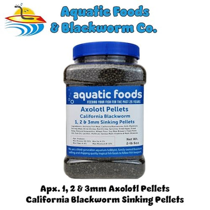 Axolotl Blackworm Pellets. 1mm, 2mm, 3mm Size Mix of Sinking California Blackworm Micro Pellets for All Axolotl, Frogs, Shrimp, Salamanders, Newts, Snails…2-lbs 6oz Jar - size: 2.38 Pound (Pack of 1)