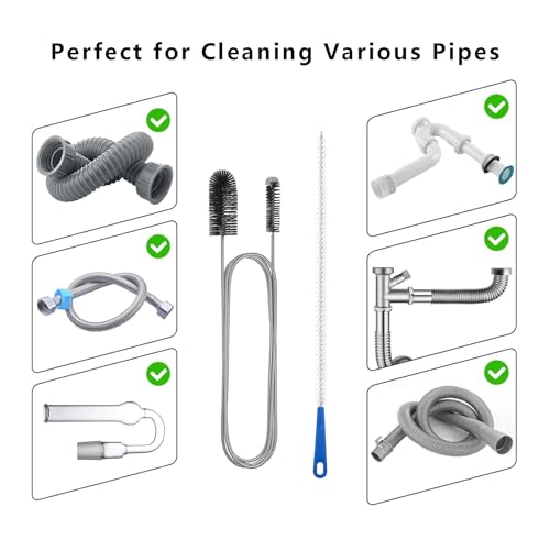 Flexible Drain Brush, 61'' Long Pipe Cleaner+ 17.7'' Sink Unblocker Tool | Drain Scrubber Bathroom,Washing Machine Cleaner for Drain Hose,Double Ended Nylon for Curved Pipes and Slim Holes