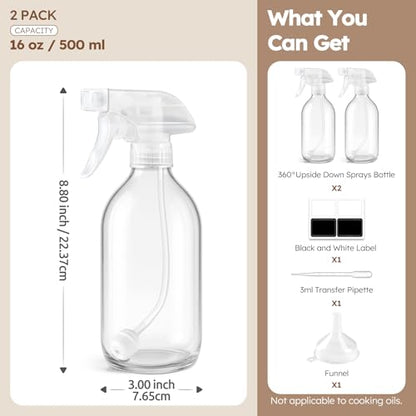 Tecohouse 360° 16 OZ Clear Glass Spray Bottles 2 Pack | 360° All-Angle Spray, Leakproof, Empty Refillable Containers for Cleaning Solutions, Plants, Facial Hydration, Hairs Care, - color: Clear