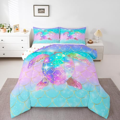 Erosebridal Mermaid Scales Comforter Set for Girls, Tortoise Reptile Bedding Set Queen Size, Sea Turtle Ocean Life Duvet Sets for Kids Children Boys Women, Sweet Girly Down Comforter, Teal Blue - color: Multi 34, size: Queen