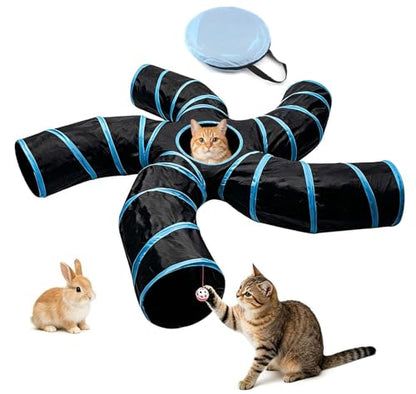 Bemodst Cat Tunnel for Indoor Cats, 5 Way Cat Tubes and Tunnels Collapsible S-Shape Small Animal Tubes Kitty Tunnels Interactive Maze Cat Toy for Kitten Rabbit Ferret - 5 Way - color: Black&Blaue 5 way
