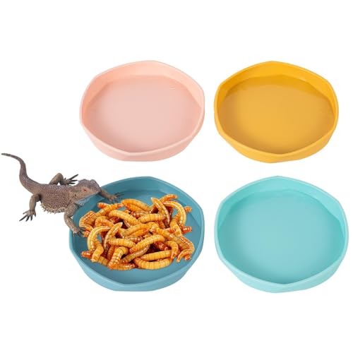 4 Pack Small Reptile Food Dish Bowl, Plastic Worm Water Dish Plate | Reptile Food Bowls for Lizard Gecko Bearded Dragon Chameleon 4" W x 4" D x 0.5" H, Blue and Yellow - color: Blue and Yellow