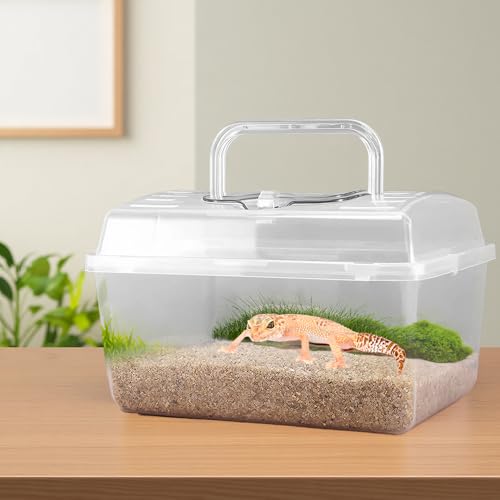 1 Pack Clear Portable Insect Reptile Terrarium Tank with Handle for Spider Snail Turtle Hermit Crab Gecko Insects Small Reptiles (with 10 Pack Small Plastic Reptile Carrier)