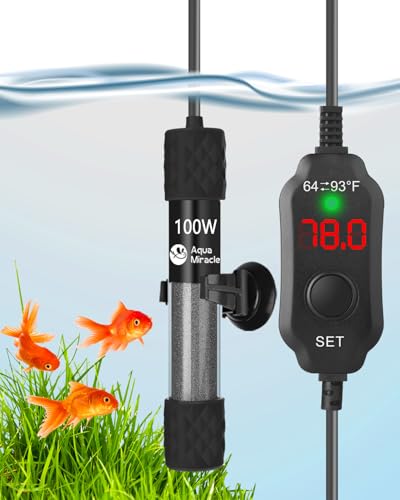AquaMiracle Aquarium Heater 100W Fish Tank Heater for 10-20 Gal Tanks, LED Digital Display Thermostat Turtle Heater with Out-of-Water Auto Shut-Off, Overheat Protection & Memory Function - size: For 10-20 Gal Tank
