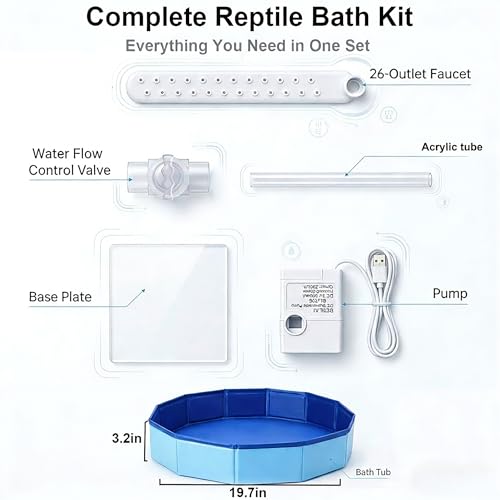 Bearded Dragon Tank Accessories Pool with Water Fountain Flow Control Valve | Foldable reptile bath pool and water fountain with 26-hole rain shower, quiet 5V pump.for bearded dragons, lizards, turtles