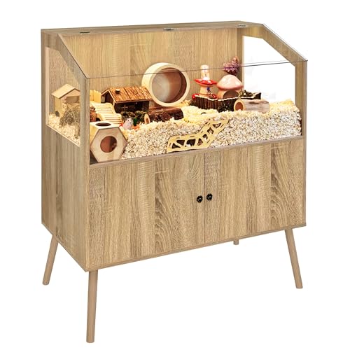 PROLEE Hamster Cage with Storage Cabinet,Large Hamster Encloure Chew Proof Wood,Clear View Hamster Habitat for Guinea Pig, Ferret, Rat, Hedgehog, 40" L x 20" W x 47" H (White Oak) - color: White Oak