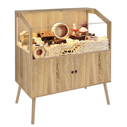 PROLEE Hamster Cage with Storage Cabinet,Large Hamster Encloure Chew Proof Wood,Clear View Hamster Habitat for Guinea Pig, Ferret, Rat, Hedgehog, 40" L x 20" W x 47" H (White Oak) - color: White Oak