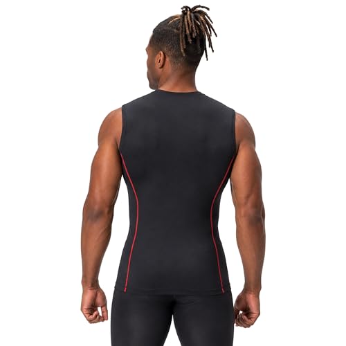 DEVOPS 3 Pack Men's Compression Shirts Sleeveless Tank Top Baselayer | Gym Training, Running, Moisture Wicking, Compression Fit, 4-Way Stretch, UPF 50+, Sleeveless - color: 1# (3 Pack) Black / Black(gray) / Black(red), size: X-Large