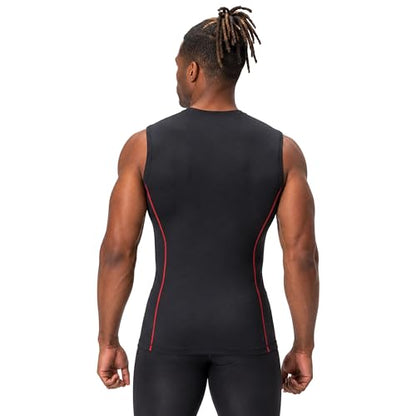 DEVOPS 3 Pack Men's Compression Shirts Sleeveless Tank Top Baselayer | Gym Training, Running, Moisture Wicking, Compression Fit, 4-Way Stretch, UPF 50+, Sleeveless - color: 1# (3 Pack) Black / Black(gray) / Black(red), size: X-Large