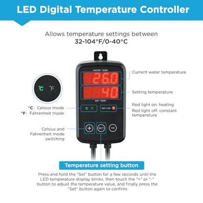 500W Titanium Aquarium Heater, Submersible Fish Tank Heater with Digital Display Temperature Controller, 0℃-40℃ Adjustable, Fast Heating for 65~95 Gal Saltwater Reef Fish Tank, MX-9016(500W) - size: 500W