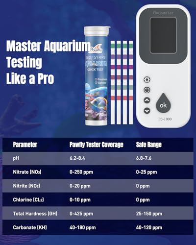 Pawfly 6 in 1 Digital Water Testing Kit, 50 Strips Aquarium Water Test Kit | Fish Tank Water Testing Kit, Digital Water Tester for pH, Nitrate, Nitrite, Chlorine, Total Hardness & Carbonate - size: Water Testing Kit
