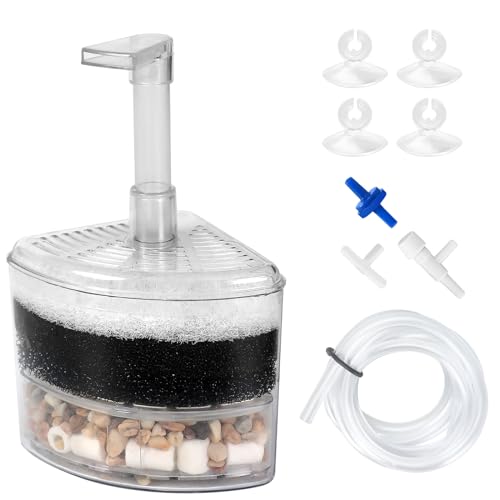 AQUANEAT Aquarium Air Driven Corner Sponge Filter for Nano Fish Tank with Tubing, Valves and Suction Cups, up to 20 Gallon - size: Small