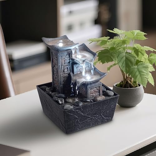 Tabletop Fountain Indoor Waterfall – 3-Tier Black Zen Decor with Pebble Base, White LED Light, Water Pump & On/Off Switch – Desktop Feng Shui Relaxation Gift for Home or Office (21110B) - color: 3-tier Tile