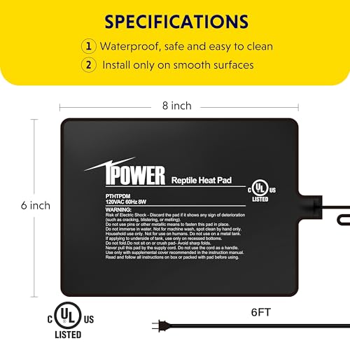 iPower 6x8 Inch Reptile Heating Pad, Under Tank Heater Terrarium Warmer Heat Mat for Turtles, Lizards, Frogs, Snakes, Safe & Energy-Efficient - color: Black/Heat Pad, size: 6" x 8"