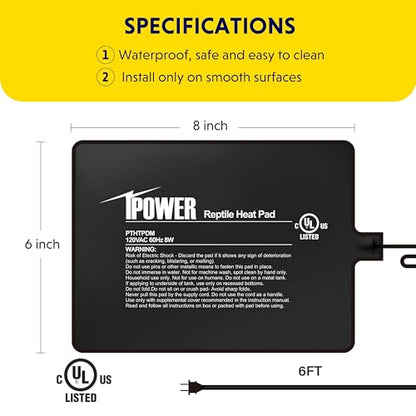 iPower 6x8 Inch Reptile Heating Pad, Under Tank Heater Terrarium Warmer Heat Mat for Turtles, Lizards, Frogs, Snakes, Safe & Energy-Efficient - color: Black/Heat Pad, size: 6" x 8"