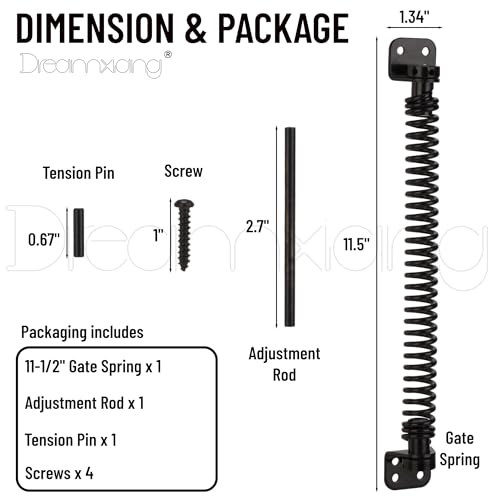 11-1/2" Gate Spring Self Closing Heavy Duty Outdoor Door Spring Automatic Fence Gate Closure Hardware Spring Loaded Gate Latch with Adjustable Tool for Wooden and Vinyl Fence, Black (1 Pack) - size: 11-1/2 Inch