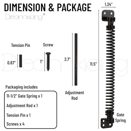 11-1/2" Gate Spring Self Closing Heavy Duty Outdoor Door Spring Automatic Fence Gate Closure Hardware Spring Loaded Gate Latch with Adjustable Tool for Wooden and Vinyl Fence, Black (1 Pack) - size: 11-1/2 Inch