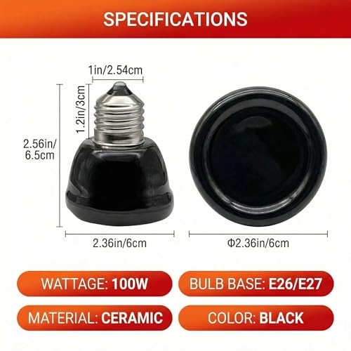 2Pcs 100W Reptile Ceramic Heat Emitter, No-Light Lamp for Pets | -pack 100W ceramic heat bulbs. Emits pure infrared heat, zero visible light. For reptiles, chicks, small pets. E26 base. - color: Black Mini 110v 100w