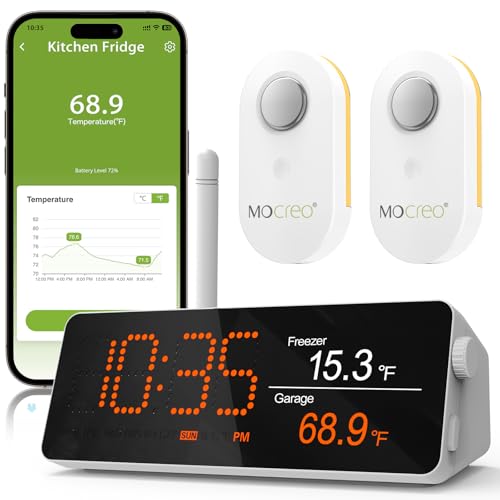 WiFi Remote Thermometer Freezer Alarm, 1/3 Mile Long Range, IP66 Waterproof, App Email Alert, with Digital Monitor Hub, 2 Smart Wireless Temperature Sensors for Fridge, RV, Greenhouse - style: 1 Long Range LCD Hub + 2 Waterproof Sensors