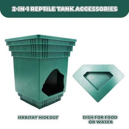 Frog Tank Accessories, 2-in-1 Plastic Reptile Hide with Bowl on the Top, Habitat Hideout for Tree Frogs, Dwarf Frogs, Toads, and Other Small Reptiles