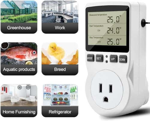 Diymore 1800W Plug in Thermostat Temperature Controller Electric Digital RV Thermostats Heating Cooling Control Mode Timer White 120V 15A Digital Temperature Controller Thermostat Timer LCD Display - color: Temperature Controller