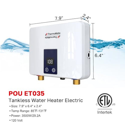 Tankless Small Water Heater Electric 120V 29.2Amp, ThermoMate 3500W On Demand Instant Hot Water Heater with Temperature Display for Kitchen Bathroom Sink Faucet, ETL Certified
