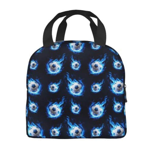 Women Flame Soccer Print Insulated Lunch Box Leakproof | Blue Flame Soccer Ball, Neoprene Thermal Cooler Bag, Padded Handle, Compact Tote for Commute & Travel - color: Pattern (850)