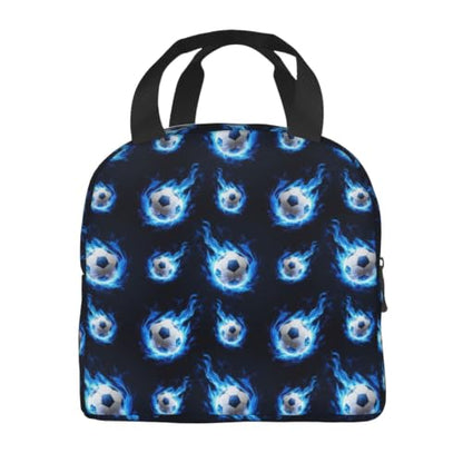 Women Flame Soccer Print Insulated Lunch Box Leakproof | Blue Flame Soccer Ball, Neoprene Thermal Cooler Bag, Padded Handle, Compact Tote for Commute & Travel - color: Pattern (850)