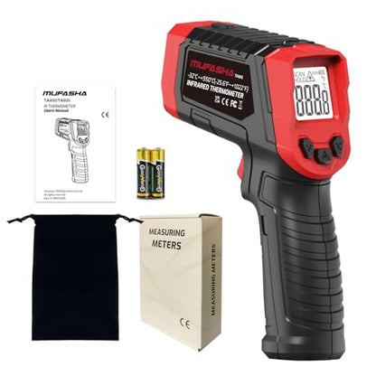 MUFASHA Infrared Thermometer Temperature Gun Laser High Temp Thermometer with LCD Display Non-Contact Industrial Pyrometer 12:1 Distance Ratio -25.6℉ to 1022℉ for Cooking Pizza Oven Griddle - color: red