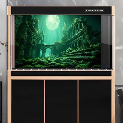 Underwater Aquarium Background Undersea Roman Building with Plants Around Seabed Fish Tank Background Underwater Building Stone with Moss Terrarium Background Undersea Aquarium Backdrop 24x12in - color: Ocean Green, size: 24(W)x12(H)in