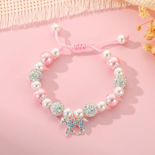 Axolotl/Horse Bracelet Gifts for Girls Kids, Charm Pearl Bead Bracelet Cute Stuff Birthday Jewelry for Daughter Granddaughter Teens - style: Horse-Girl-1