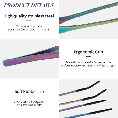 2PCS Reptile Feeding Tongs,10.6" Extra Long Stainless Steel Tweezers with Rubber Tips, Bearded Dragon Lizards Aquarium Straight and Curved Tweezers for Snake Feeding, Terrarium, Aquarium(Colorful) - color: Colorful