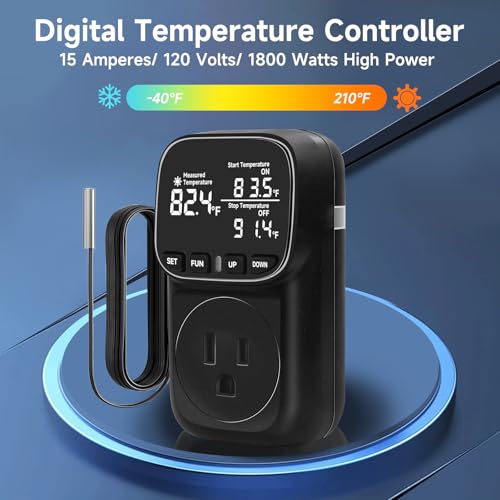 Temperature Controlled Outlet , 15A/1800W Digital Thermostat Outlet, Cyclic Timing/Countdown, -40℉~210℉ VA Display Heating Cooling Control Timer with 2Pcs Probe Cable for Reptile Incubator - color: Black