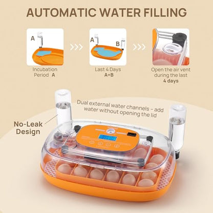 TURBRO Incubator for Hatching Eggs, Automatic Turning, Temperature & Humidity Control, Built-in Candler, 360° Viewing, 24 Egg Incubators for Chicken, Duck, Quail, Turkey, Goose, Parrot, Bird | 24 Egg Incubators, Automatic Turning, Built-in Candler, 360° V