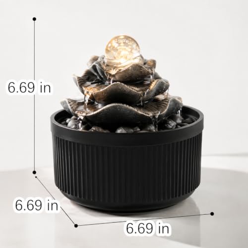 Indoor Tabletop Water Fountain - 3-Tier Lotus Leaf Design Waterfall with Warm Glowing LED & Rotating Ball, Zen Home Decor for Living Room Bedroom, Unique Housewarming Gift Idea - size: 6.69"