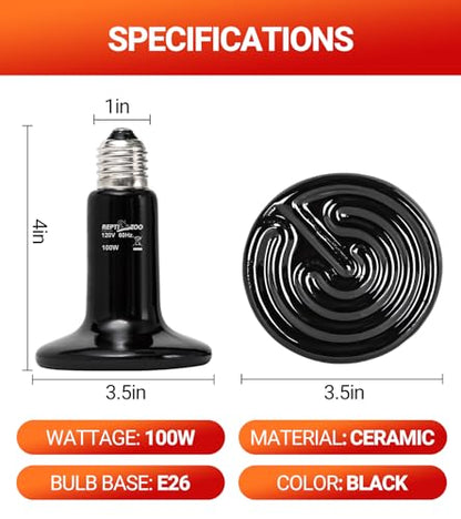 REPTI ZOO 100W Reptile Heat Lamp 2Pack Ceramic Heat Emitter Night Heat Lamp Bulbs Reptile Terrarium Heat lamp Tank Heat Bulb for Turtle Bearded Dragon Gecko Lizard Snake Chicken E26 - style: 100W/2PCS
