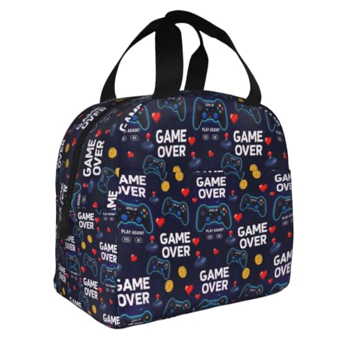 Men Gaming Video Print Insulated Cooler Lunch Bag | Neon Gaming Video Games Red Blue Game Over, Heavy-Duty Nylon Cooler Bag, Large Capacity for Camping, Beach & Work - color: Pattern (862)