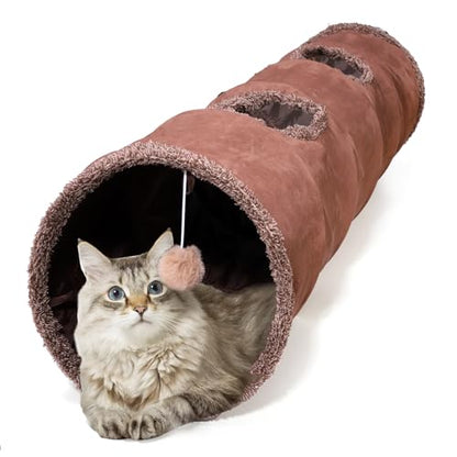 51"x 12" Collasiple Cat Play Tunnel, Cats Tubes and Tunnels, Cat Foldable Hide and Seek Tunnel Toy, Brown Suede Pet Tube Toy for Rabbits, Ferrets, Puppy, Diameter 12 Inch
