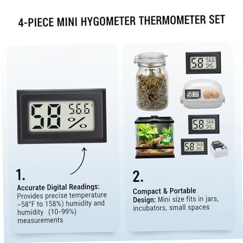 Mini Hygrometer Thermometer 10-99% LCD Mini Hygrometer Digital -58-158 ℉ Small Thermometer 4Pcs for Incubator, Reptile, Terrarium Jar Outdoor Living..