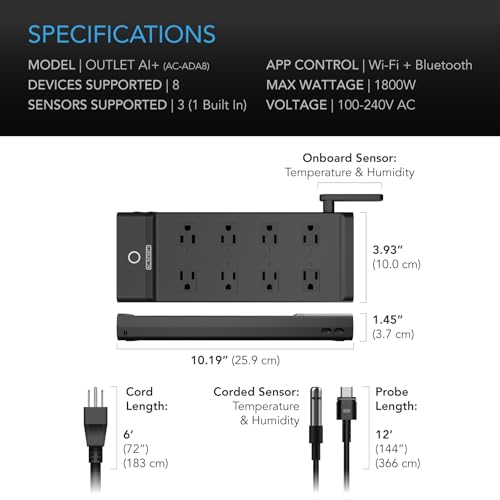 AC Infinity Outlet AI+, Environment Controller, Smart WiFi Power Strip | Dual-Zone Temperature Humidity, Individual Control 8 Plugs, AI Targeting, Thermostat Greenhouse Aquarium Terrarium Home 1800W - style: 8 Plugs