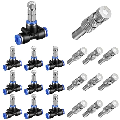 Gisafai 20 Pcs Brass Misting Nozzles Replacement Kit, 0.024"/0.6mm Orifice Mister Heads with 1/4" Water Misting Nozzle Tees Sprayer for Outdoor Cooling System Patio Garden Greenhouse(Three Section) - style: Three Section